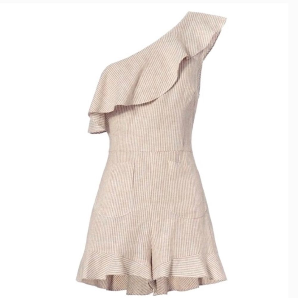 INTERMIX Linen Blended Pinstriped Beige/Cream, One Shoulder Ruffle Romper, Small - Picture 6 of 16